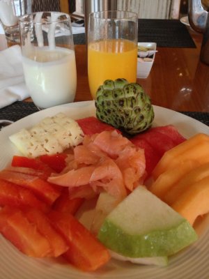 My typical breakfast consists of fresh and local fruits