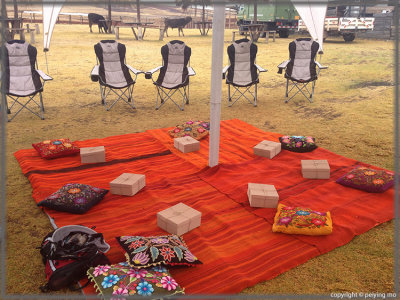 Lounge chairs, cushions and lunch boxes are set