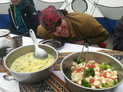 Guide/owner Piero poking - salad and mash potato