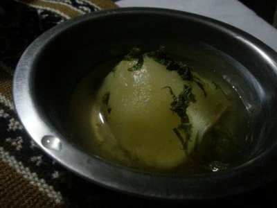 Dessert - poached pear with fresh basil 