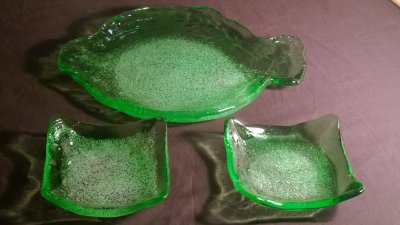Molded Green Glass Serving Dish & Two Plates