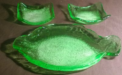 Molded Green Glass Serving Dish & Two Plates