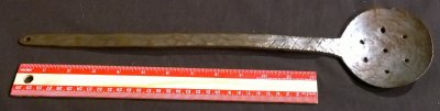 Large Antique Tin plated copper hand hammered slotted spoon