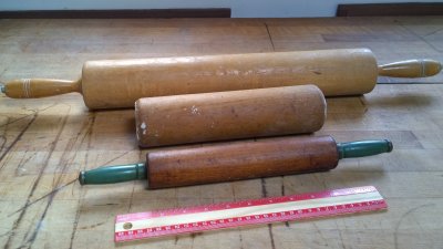 Rolling Pins - Big one is 18 x 3 solid maple excluding handles, middle one is 2.75 tall no handles, small one is antique