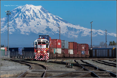 TR 2200 - an Eco Rebuild - works the Muni yard with Mt. Rainier looming beyond