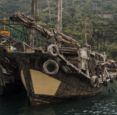Chinese Sailing Junk Duk Ling raised from the bottom of the Typhoon Shelter, Aberdeen, Hong Kong