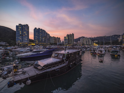 Sunset from the deck of Watermark, Aberdeen Typhoon Shelter, Hong Kong