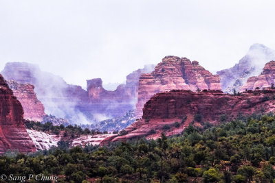 Red Rock Country with morning mist and snow
