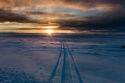 Sunset on the tundra, snowmobile tracks. L1000591.jpg