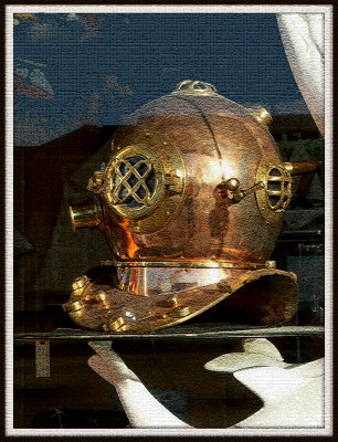 Diving Helmet in antique store window w craquelure texture