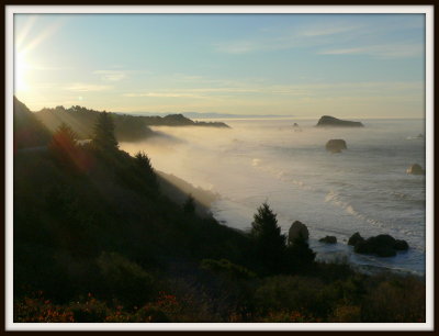 Morning fog creeps in at Harris Beach