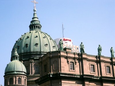 Mary Queen of the World Cathedral with patron saints on top.JPG