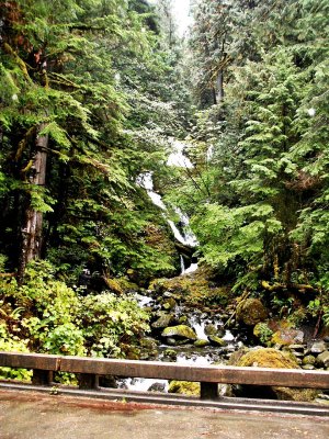 Bridge over stream with waterfall in distance