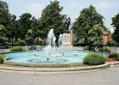 Montreal picturesque fountain with Vauquelin statue