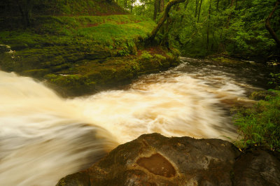 Swollen by rain, downstream at Pont Melin Fach