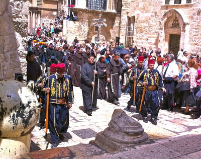 Roman Catholics processing out of Church of the Holy Sepulchur