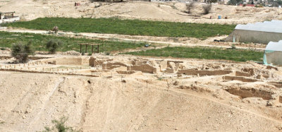 The ruins of Herod's Palace, with greenhouses in background.