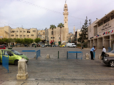 Manger Square, Bethlehem.  Preparations are being made for Pope Francis' visit in May.
