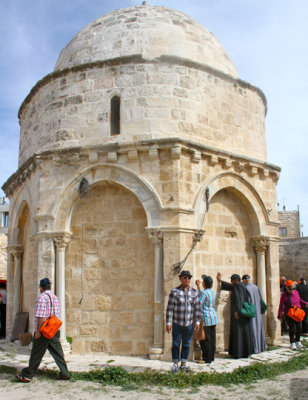 The Chapel of the Ascension on the Mount of Olives.  With Luis and others. Why is that woman writing on the Chapel?