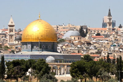 Gold Dome of the Rock, a mosque, is where the Temple stood.  Lead-colored domes (R) are the Church of the Holy Sepulcher
