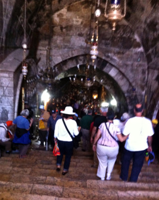 Going down into Mary's Tomb in the Kidron Valley at the foot of the Mount of Olives.