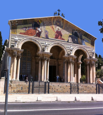 The Basilica of the Agony, located on the Mount of Olives, next to the Garden of Gethsemane.