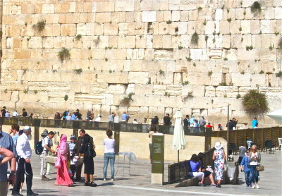 Western Wall. Mens section behind wall.  Womens section to right of woven fence.