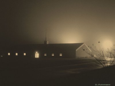 Church on a cold foggy night