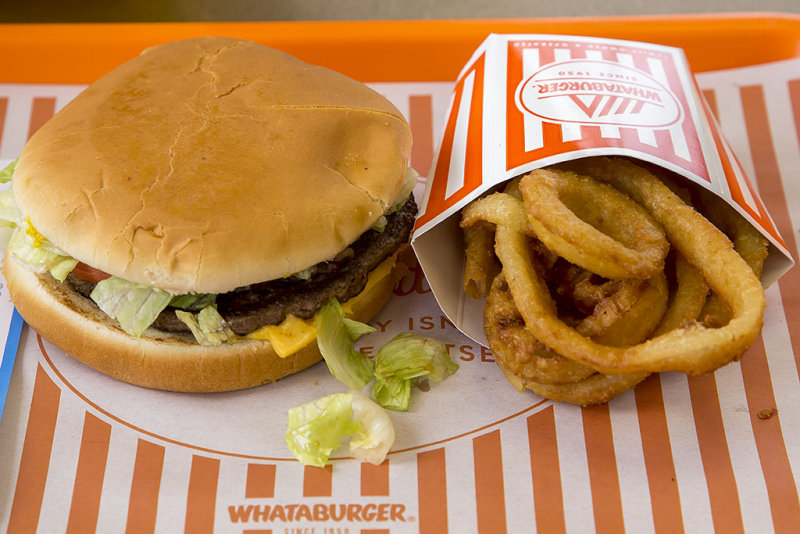 Bacon and Cheese Whataburger with Onion rings