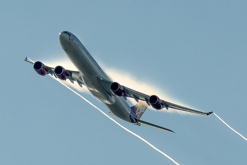 11/10/2015  Virgin Atlantic Airways Airbus A340-642 Miss Behavin G-VWKD getting some vapor