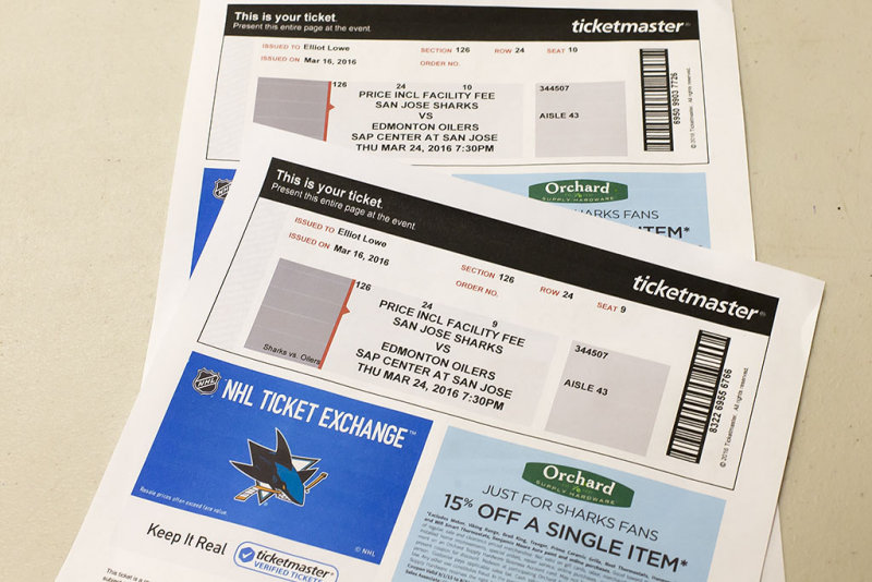 Two complimentary tickets from the San Jose Sharks for tonight's game