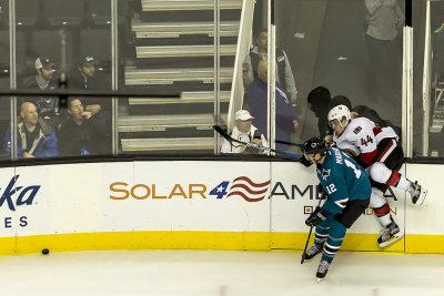 Patrick Marleau hits Jean-Gabriel Pageau for an Interference penalty