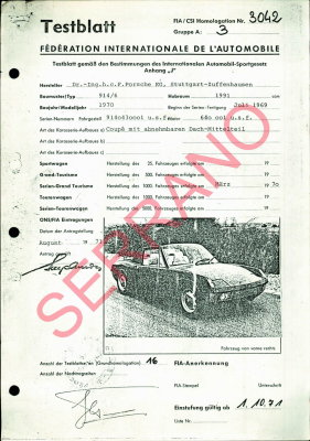1970 Porsche 914-6 FIA / CSI Homologation Document No. 3042 (German) 18 Pages