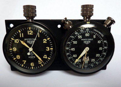 Heuer Master Time 8-Day & Monte Carlo 3-Button Tachymeter Rallye Timer Set, Used - eBay SOLD 4,000 / USD $6,749 (20140419)