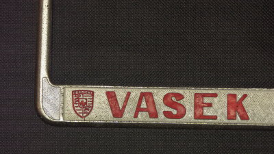 Vasek Polak License Plate Frame, Manhattan Beach, OEM (Red Over White) Photo 4