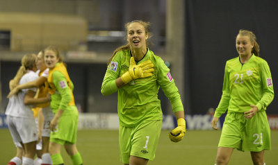 goalkeeper Kailen Sheridan celebrates winning