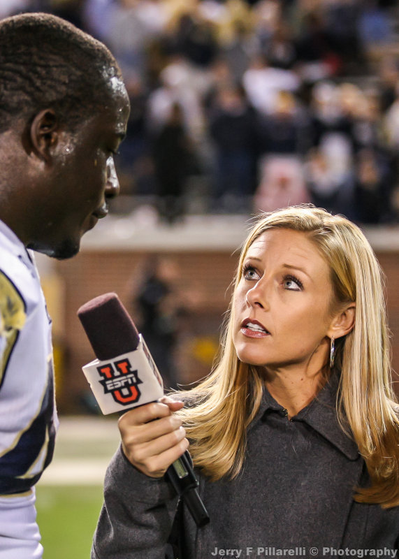 ESPN Correspondent Dawn Davenport interviews Jackets DE Attaochu 