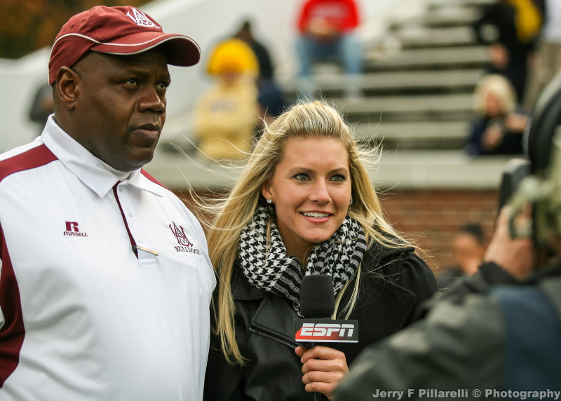 ESPN Correspondent Steffi Sorenson interviews Bulldogs Head Coach Anthony Jones at halftime