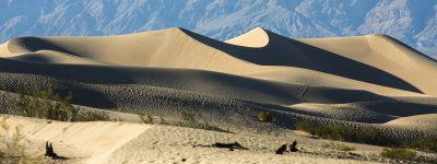 The setting sun casts long shadows on the Mesquite Flat Sand Dunes in Death Valley National Park