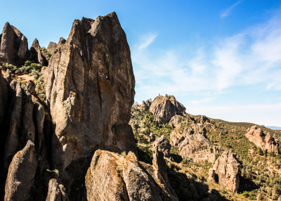 A massive rock formation along the Tunnel Trail in Pinnacles National Park