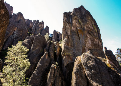 Looking up at a rock formation along the Tunnel Trail in Pinnacles National Park