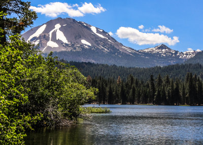 Lassen Peak and Loomis Peak (8658 ft) over Lake Manzanita in Lassen Volcanic National Park