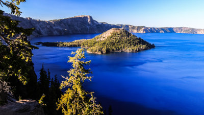Wizard Island at sunset from Discovery Point in Crater Lake National Park
