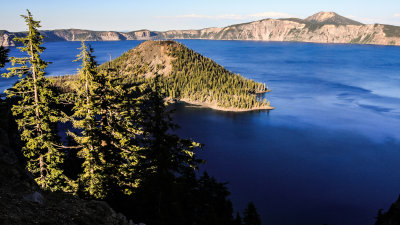 Wizard Island at sunset in Crater Lake National Park