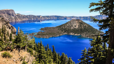 Midday view of Wizard Island in Crater Lake National Park
