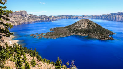 Llao Rock (8,049 ft), and Wizard Island in Crater Lake National Park