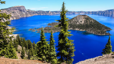 View of Llao Rock and Wizard Island in Crater Lake National Park