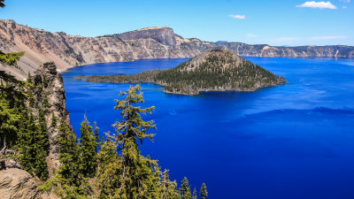 The Devils Backbone, Llao Rock and Wizard Island from above Discovery Point in Crater Lake National Park