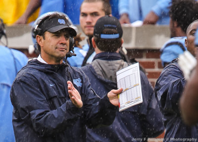 North Carolina Tar Heels Head Coach Larry Fedora applauds the play of his team