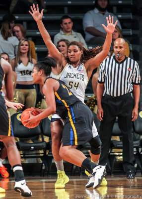 Georgia Tech F Roddreka Rogers puts her hands up on defense